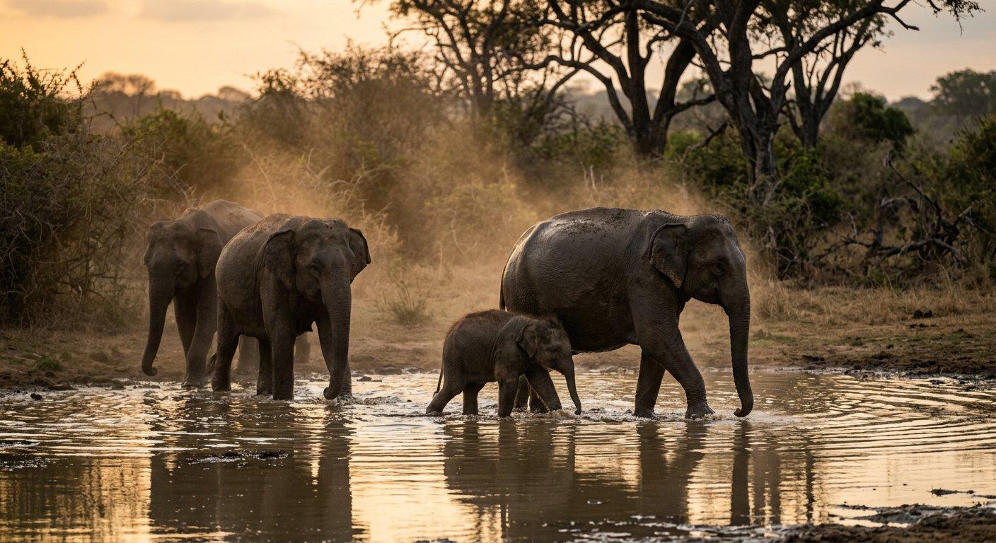 Asian elephants with a calf at a waterhole in Yala National Park, Sri Lanka