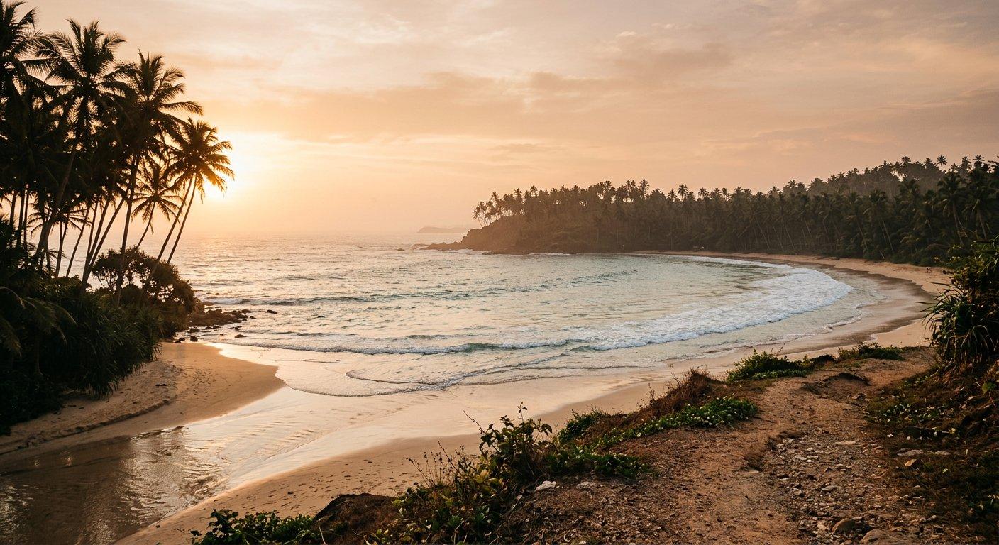 Palm-fringed bay on Sri Lanka's south coast at golden hour