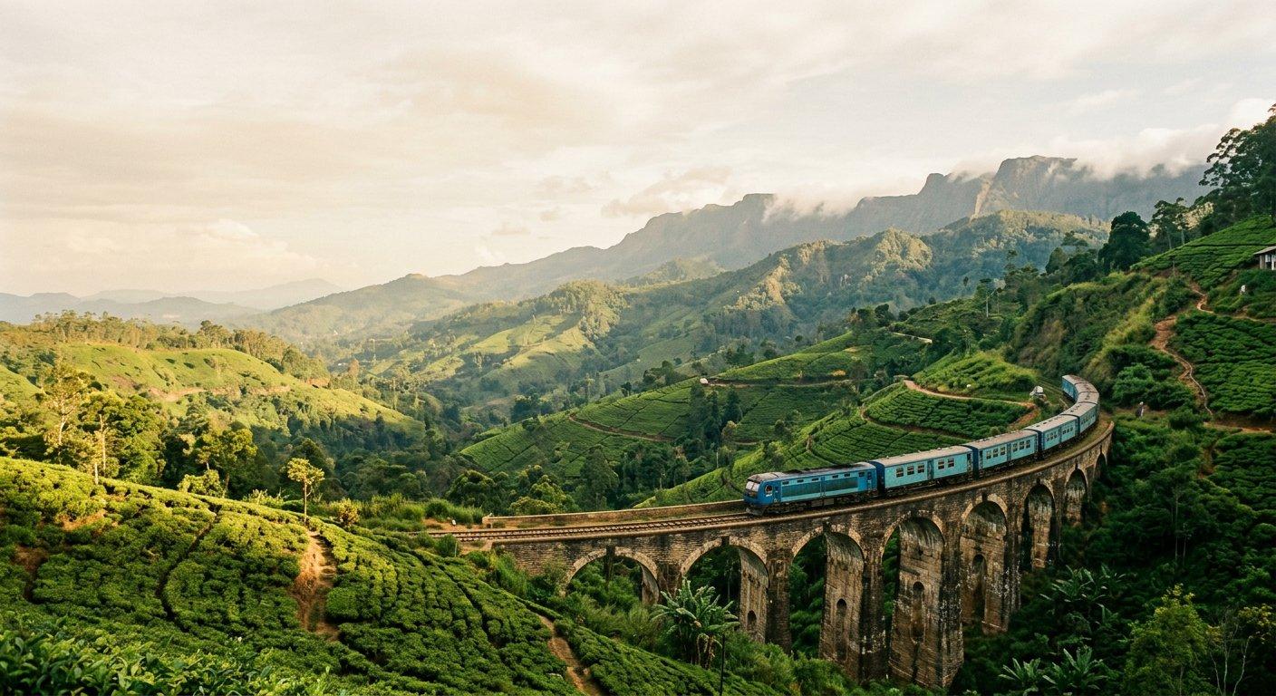 Blue train crossing a stone viaduct through tea-estate hills in Sri Lanka's hill country